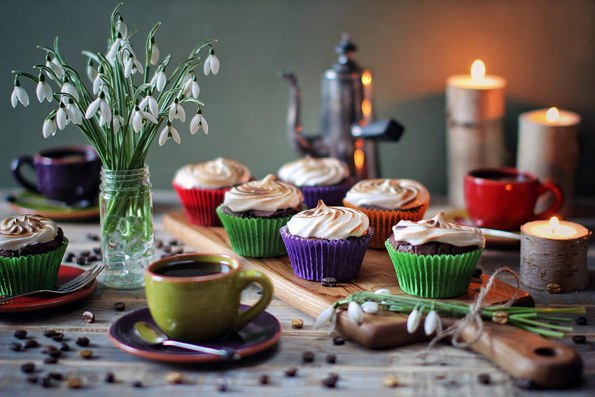 Flowers, Food, Desert, Coffee, Cream, Cupcakes HD wallpaper