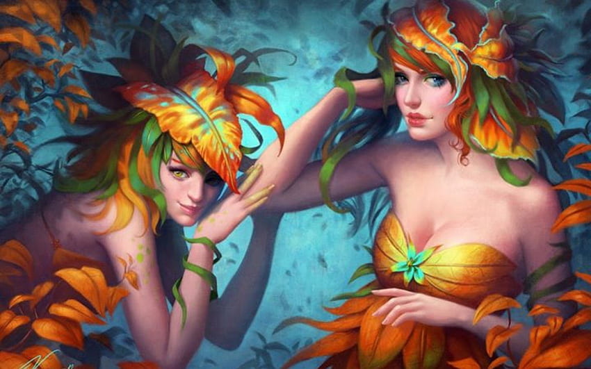 Autumn Sisters, sisters, fantasy, colors, autumn, beautiful HD wallpaper