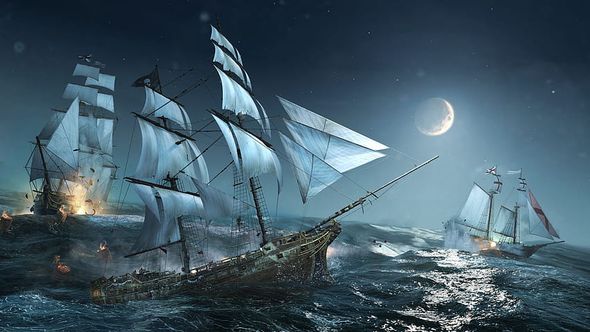 (1920×1080)。 帆船、アサシン クリード 4、黒真珠の船、ダーク ボート 高画質の壁紙