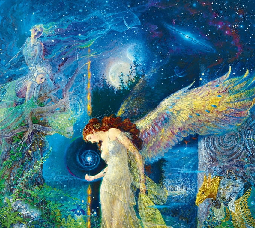 Angel, blue, wings, fantasy, art, yellow, girl, luminos HD wallpaper ...