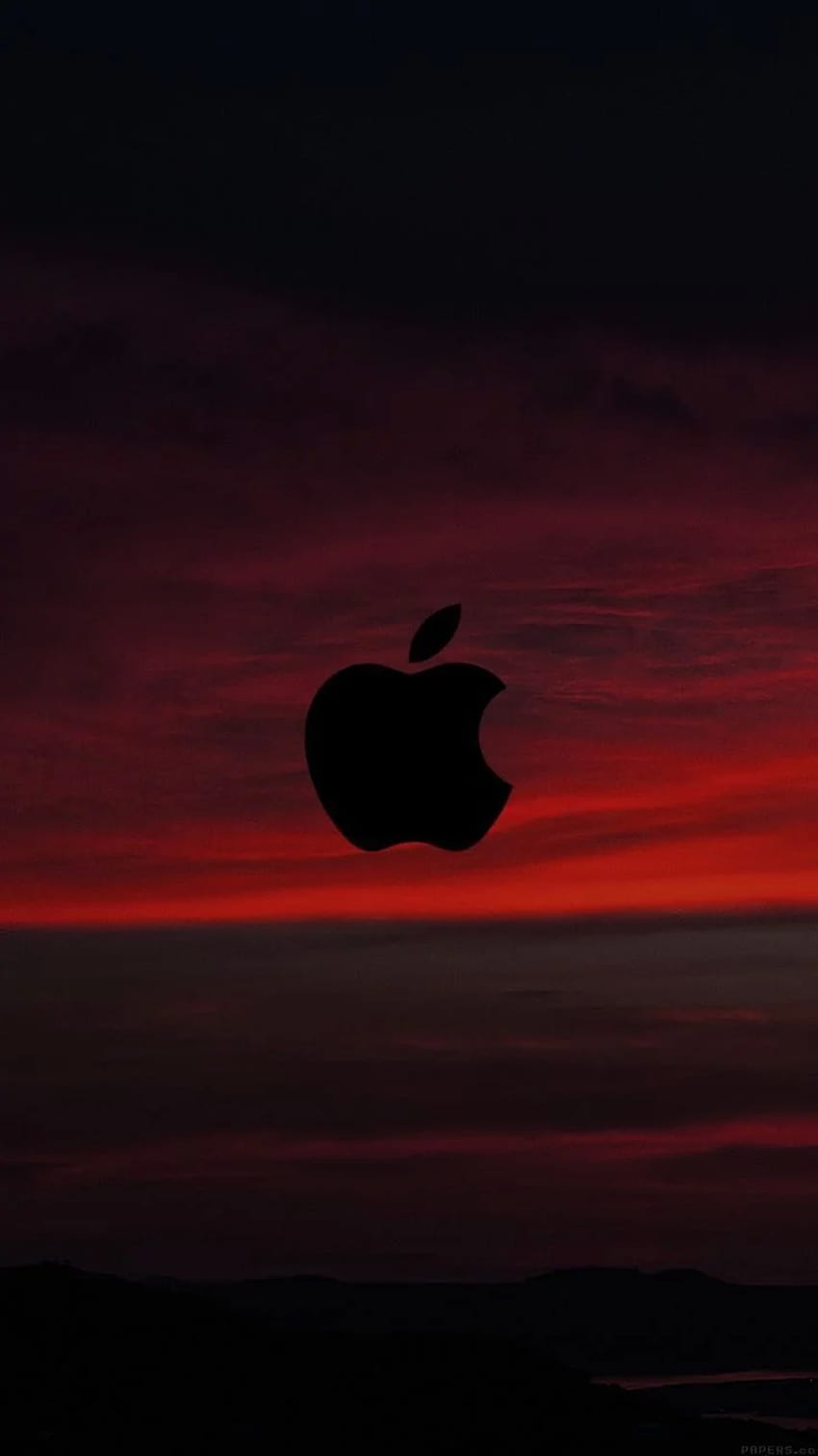 Rosso, tramonto, cielo, logo, mela, iPhone, pulito, nero, iOS Sfondo del telefono HD
