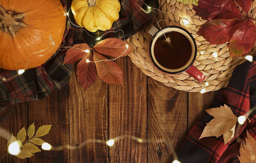 autumn, leaves, background, Board, colorful, pumpkin, maple, wood, background, autumn, leaves, cup, autumn, tea, pumpkin, maple for , section еда HD wallpaper