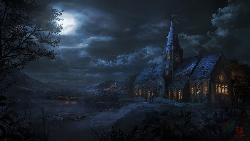Church on a Foggy Night, Dark Foggy Night HD wallpaper