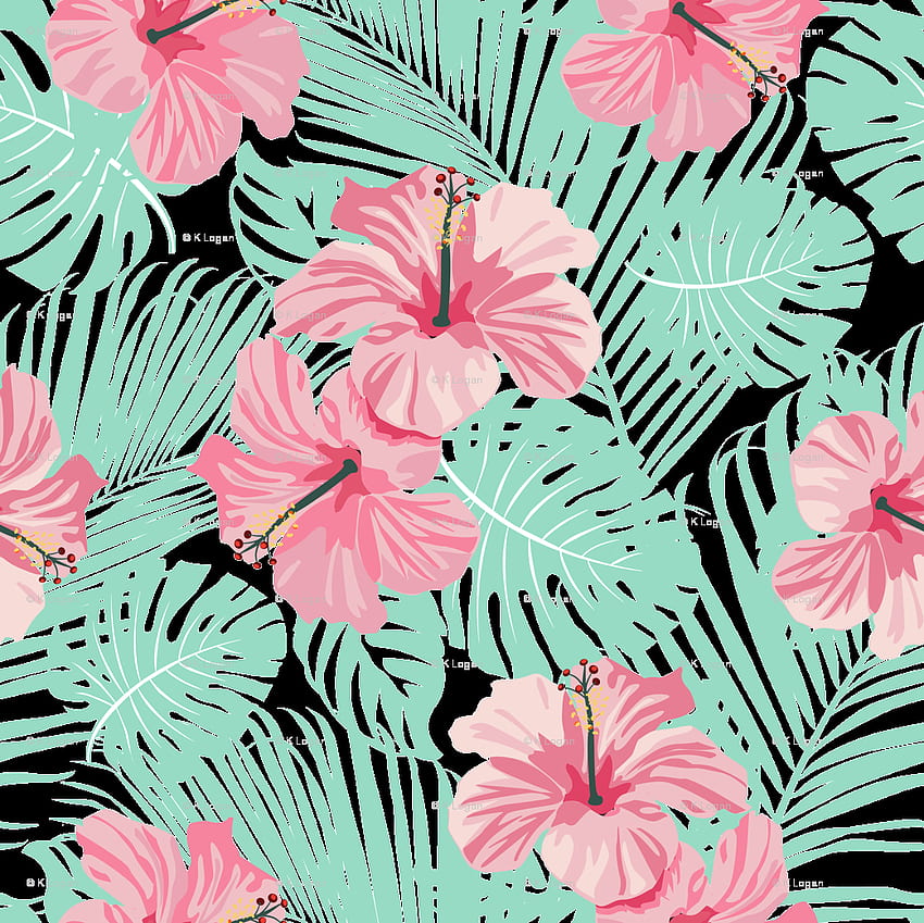 Hibiscus Tropical Flowers Floral On Teal HD wallpaper