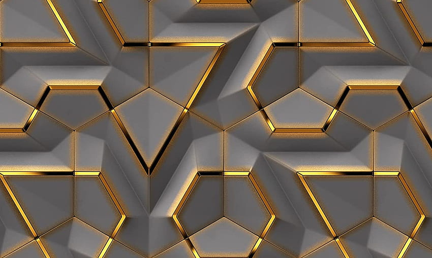 Habitación de pared con gris de formas geométricas doradas 3D: hecho a mano, dorado y gris fondo de pantalla