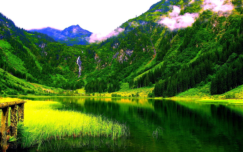 緑の山、緑、風景、木、自然、山、森、湖 高画質の壁紙