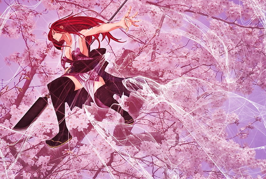 Erza Scarlet, 페어리 테일, 허벅지 최고, 빨간 머리, 긴 머리, 나무, 애니메이션, 분홍색 배경, 무기 HD 월페이퍼