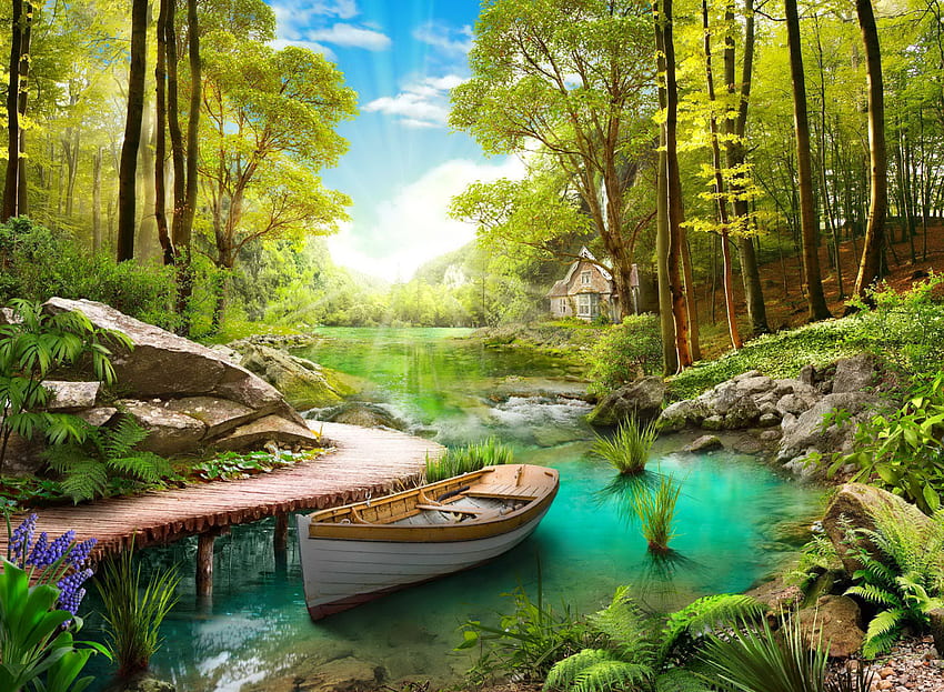 Casinha na floresta, tranquilidade, rio, barco, riacho, arte, casa, paraíso, linda, pequena, serenidade, floresta papel de parede HD