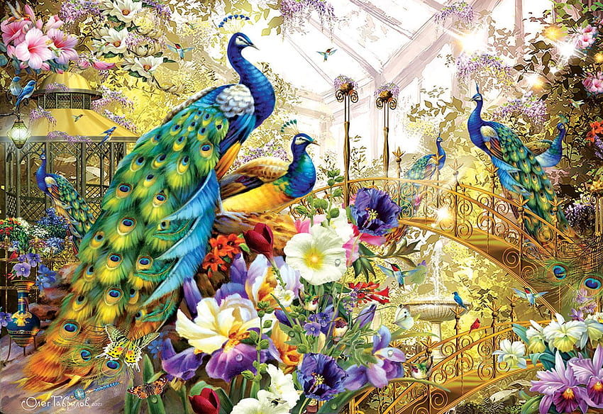 Solar Greenhouse, flowers, peacocks, blossoms, artwork, painting, colors HD wallpaper