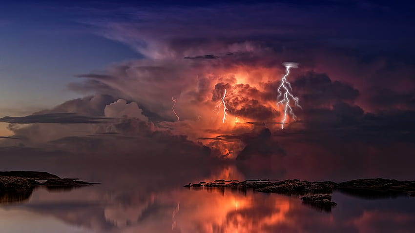 Гръмотевична буря, море, гръм, светкавица, тема за Firefox, розово, небе, езеро, буря HD тапет