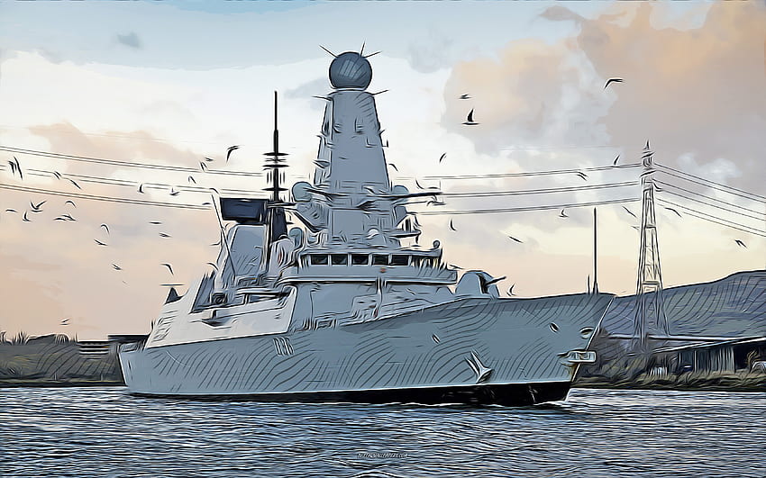 HMS Defender, D36, , arte vettoriale, disegno HMS Defender, arte creativa, arte HMS Defender, disegno vettoriale, navi astratte, HMS Defender D36, Royal Navy Sfondo HD