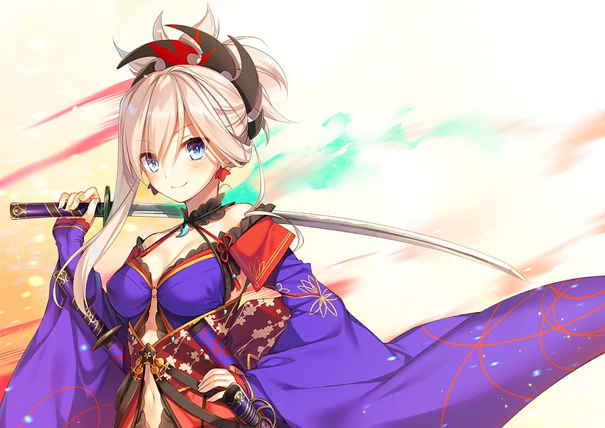Miyamoto Musashi, Saber, Fate Grand Order, Katana, Blondynka, Uśmiech, Miyamoto Musashi FGO Tapeta HD