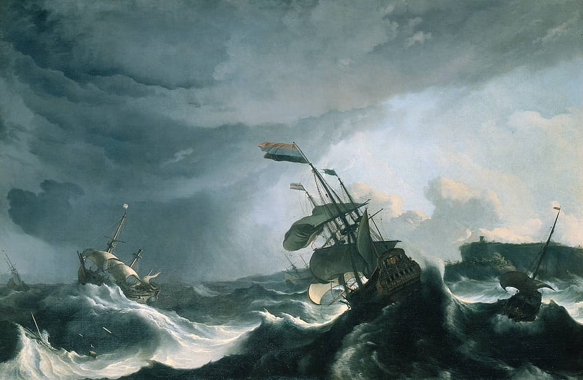 Frota holandesa em tempestade, navios à vela, ondas, nuvens cinzentas, glag holandês papel de parede HD
