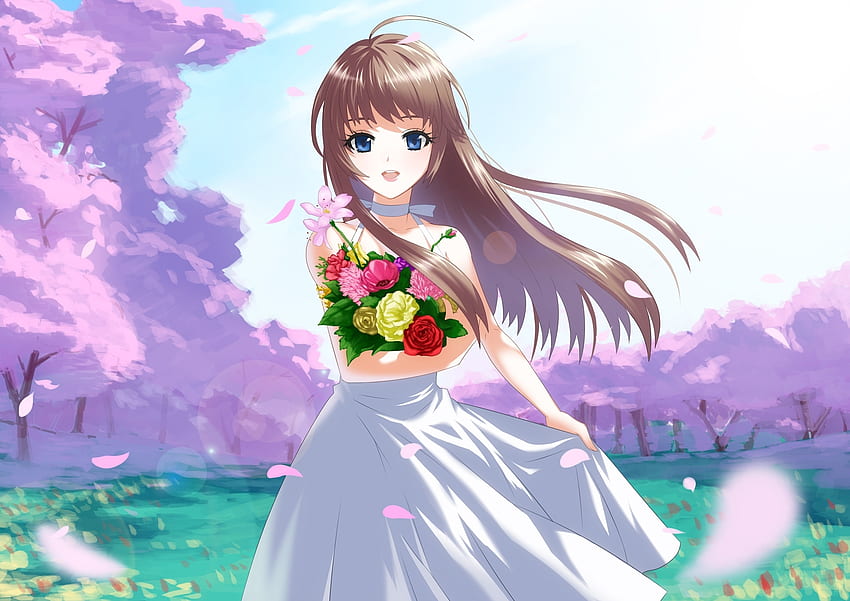 Anime, Flowers, Bouquet, Girl, Brunette HD wallpaper