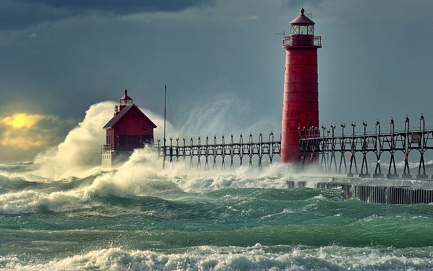 Beach Lighthouse, lighthouse, waves, Architecture, ocean, beach HD wallpaper