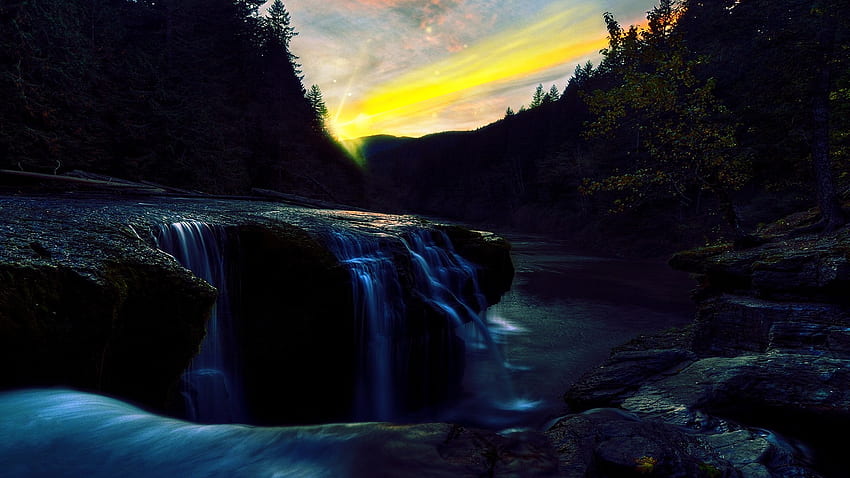 Dark waterfall, graphy, beauty, waterfall, clouds, trees, nature, sky ...