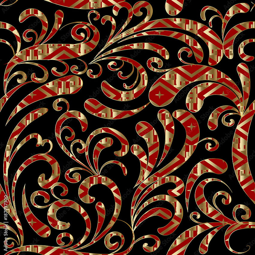페이즐리 원활한 패턴입니다. 손으로 그린 ​​붉은 금 장식용 페이즐리 꽃, 잎, 우아함 장식이 있는 검은색 꽃 배경 삽화. 벡터 끝 없는 럭셔리 텍스처 스톡 벡터 HD 전화 배경 화면