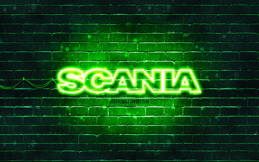 Logotipo verde de Scania, pared de ladrillo verde, logotipo de Scania, marcas, logotipo de neón de Scania, Scania fondo de pantalla