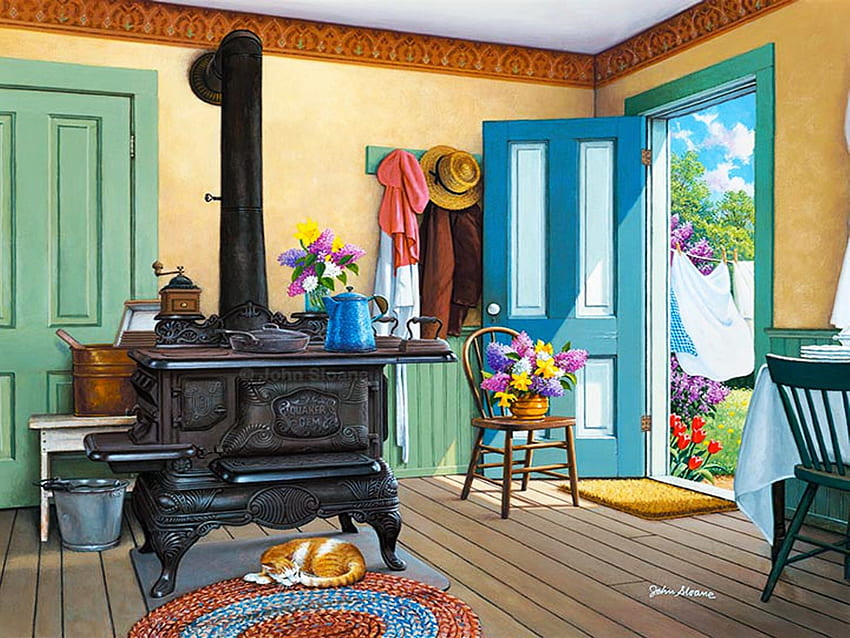 Fresh Air, room, oven, painting, door, cat, flowers HD wallpaper
