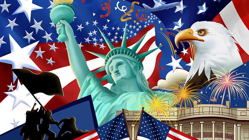 4. Juli, Amerika, Weißkopfseeadler, Flagge, Unabhängigkeitstag, Freiheitsstatue & Hintergrund • 179 • Wallur HD-Hintergrundbild
