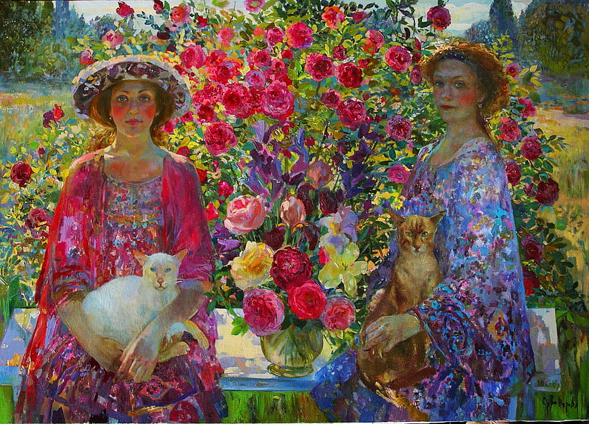 Sisters in the garden, woman, blue, art, garden, cat, girl, olga suvorova, painting, pisici, sister, pictura, red, flower HD wallpaper
