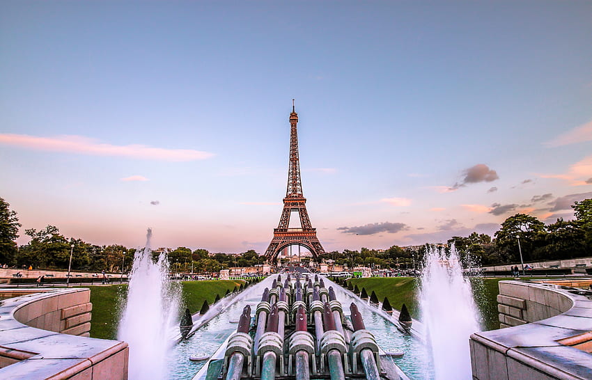 Städte, Paris, Eiffelturm, Springbrunnen, Frankreich, Goldener Abend HD-Hintergrundbild