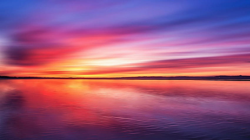 地平線のピンクの夕日、海、地平線、雲、空、自然、夕日 高画質の壁紙