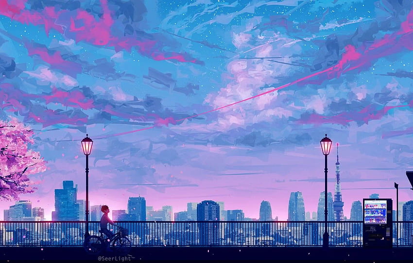 drapacze chmur, Tokio, światła, balustrady, Tokio, Japonia, chłopak, promenada, sztuka, różowe chmury, Tokyo tower, wieczorne niebo, na rowerze, Sakura wiosna, Seerlight for , sekcja арт Tapeta HD