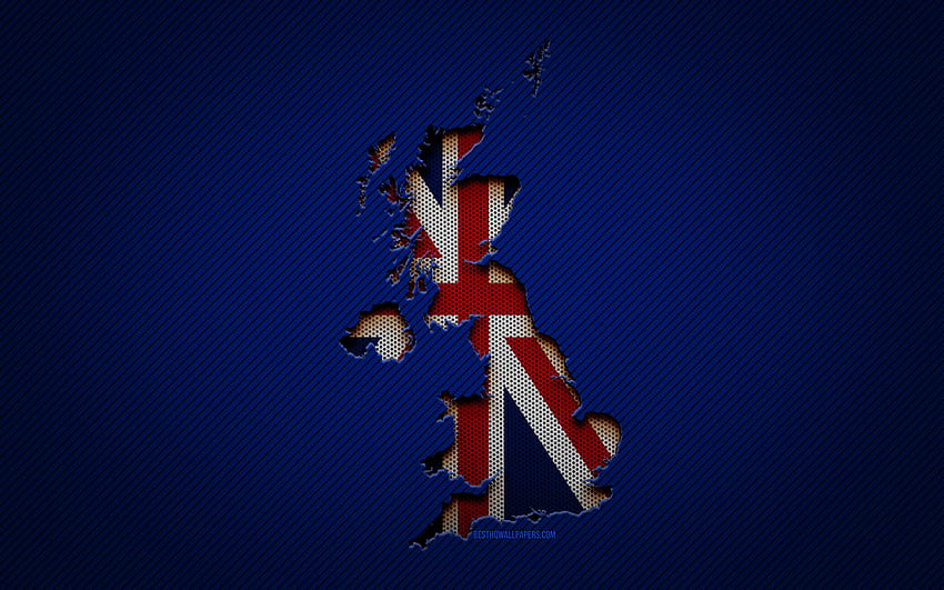 United Kingdom map, , European countries, United Kingdom flag, blue carbon background, United Kingdom map silhouette, Europe, UK map, United Kingdom, flag of United Kingdom HD wallpaper