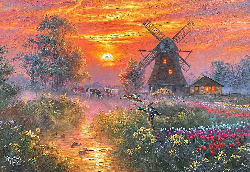 Peaceful Pond, windmill, landscape, colors, tulips, spring, artwork, ducks, cows, painting, clouds, trees, flowers, sky, sunset HD wallpaper