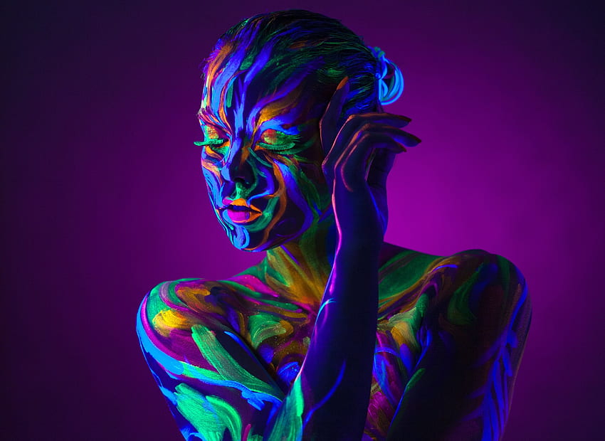 women, Neon, Purple Background, Body Paint, Colorful, Closed Eyes HD wallpaper