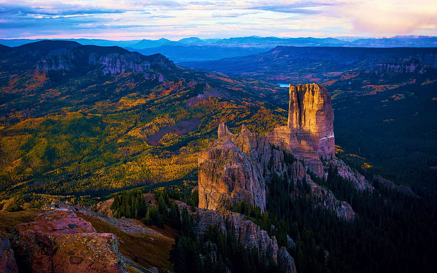 Alpenglow on Chimney Rock, San Juan Mountains, Colorado, hills, rocks, landscape, trees, forest, usa HD wallpaper