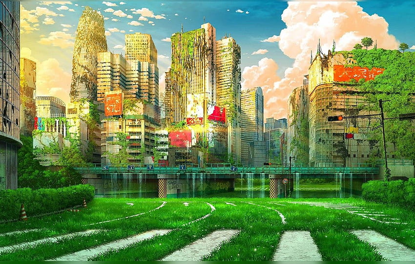 zielenie, most, Tokio, Tokio, Japonia, romans Apokalipsy, spustoszenie, przejście dla pieszych, opuszczone miasto, postapokalipsa, zniszczone budynki, niebo w chmurach dla , sekcja арт, Tokyo City Art Tapeta HD