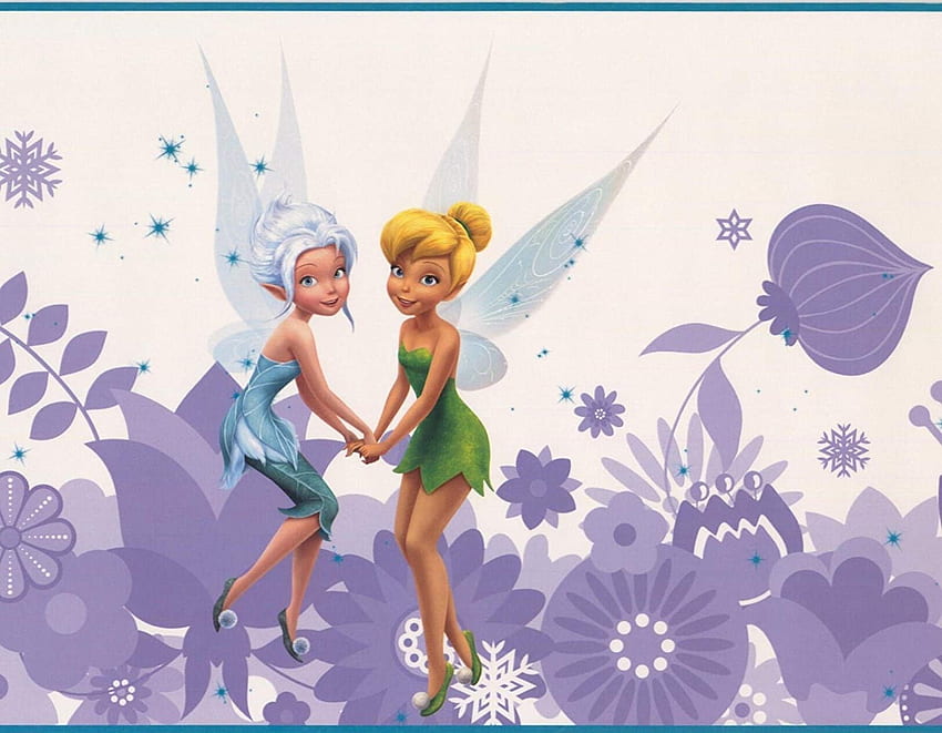 Disney Fairies Tinker Bell Fawn Iridessa Rosetta Silvermist Barwinek Fioletowa biała ramka dla dzieci Sypialnia Pokój zabaw Salon, rolka 15' x Tapeta HD