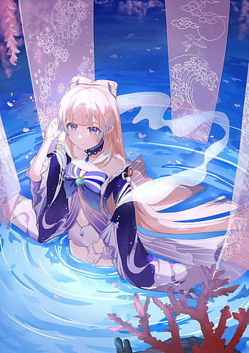 A stunning 4k wallpaper featuring sangonomya kokomi and her water elemental  magic