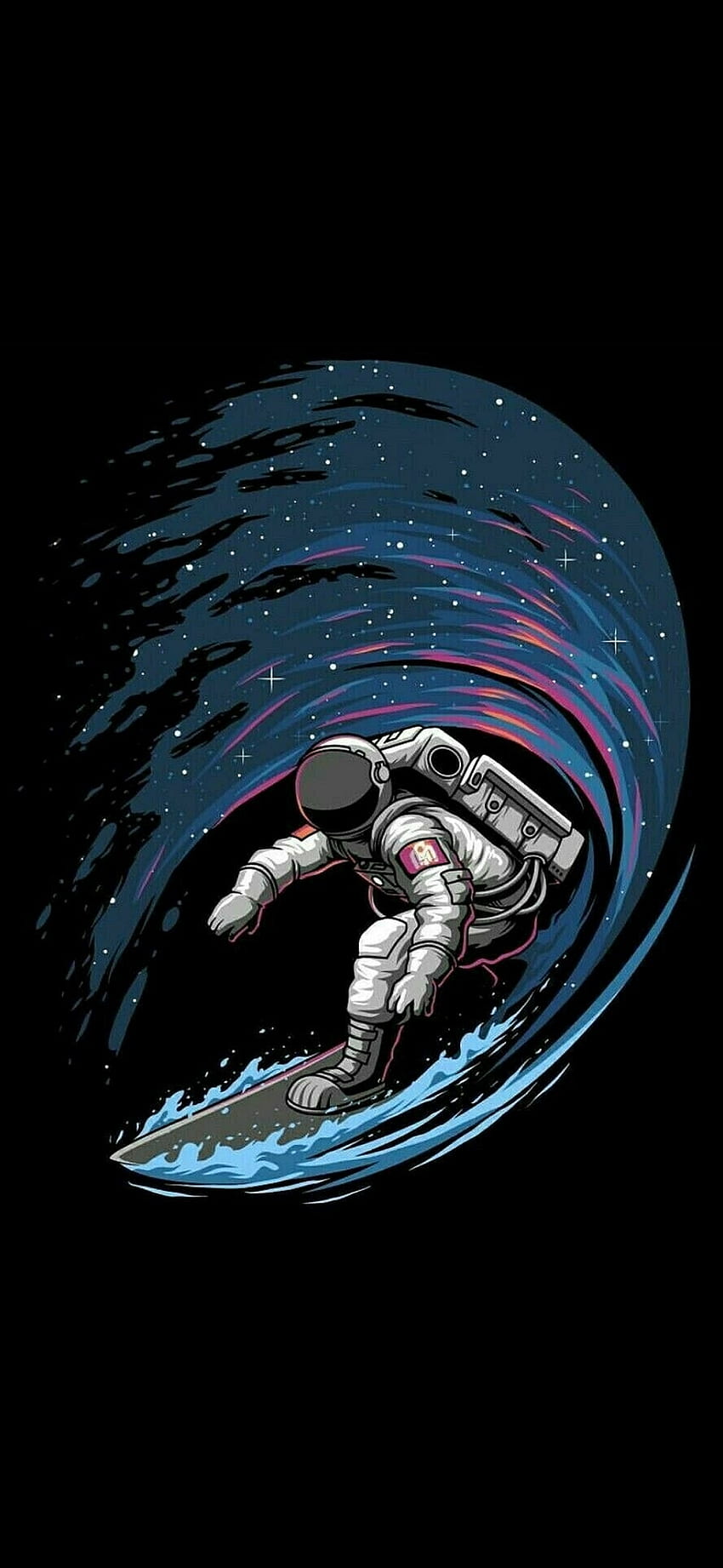 Астронавт сърфира в космоса iPhone Full 1080×2340, Cartoon AMOLED HD тапет за телефон