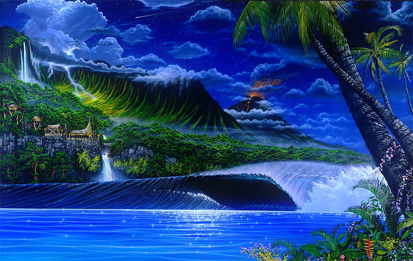 Baía de Hanalei, noite, baía, Ondas, Havaí, luar, pintura, vulcão, oceano, Palmas, mar, arte, Trópicos, exótico, montanha, verão, cachoeira, céu, tarde papel de parede HD