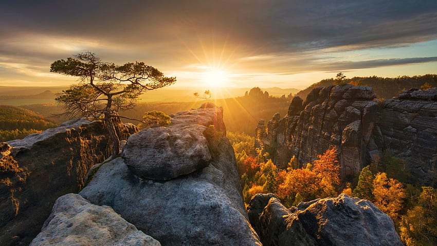 พระอาทิตย์ตกเหนือเทือกเขา Bastei แห่งแซกโซนี เยอรมนี ภูมิทัศน์ เมฆ ต้นไม้ ท้องฟ้า ดวงอาทิตย์ ป่า หิน ตอนเย็น วอลล์เปเปอร์ HD
