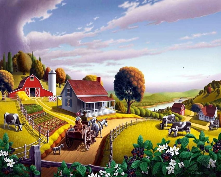 Home to the Farm, pies, stodoła, dom, kraj, ludzie, dzieło sztuki, krowy, , jeżyny, płot, drzewa, osły, kwiaty, wózek Tapeta HD