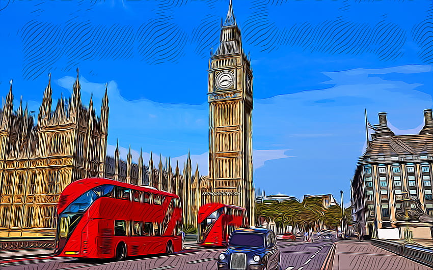 ロンドン、ベクター アート、ビッグ ベン、赤いバス、抽象的な都市景観、英語の都市、イングランド、イギリス、イギリス 高画質の壁紙