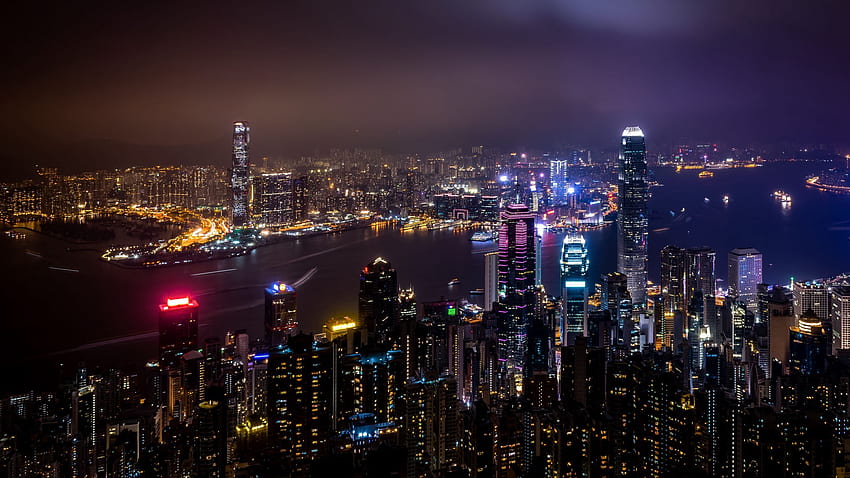 홍콩, 중국, 고층 빌딩, 밤, 홍콩 야경 HD 월페이퍼
