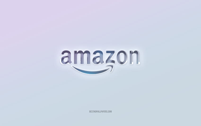 Лого на Amazon, изрязан 3d текст, бял фон, лого на Amazon 3d, емблема на Amazon, Amazon, релефно лого, емблема на Amazon 3d HD тапет