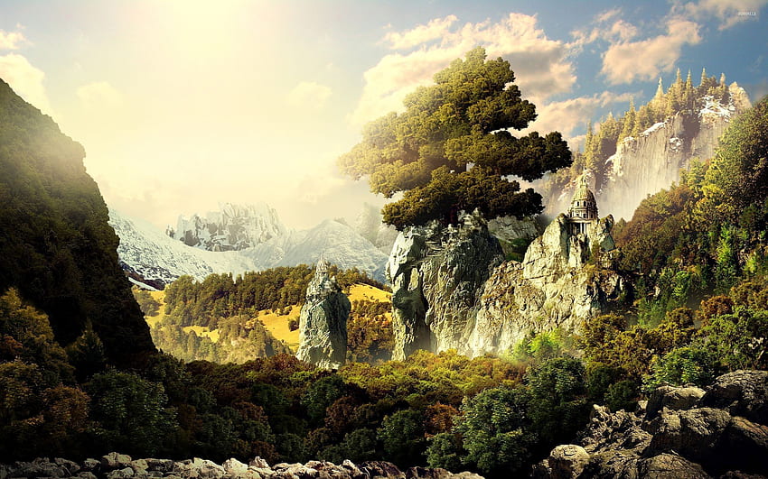 Tree of life on top of the rocky cliffs - Fantasy HD wallpaper