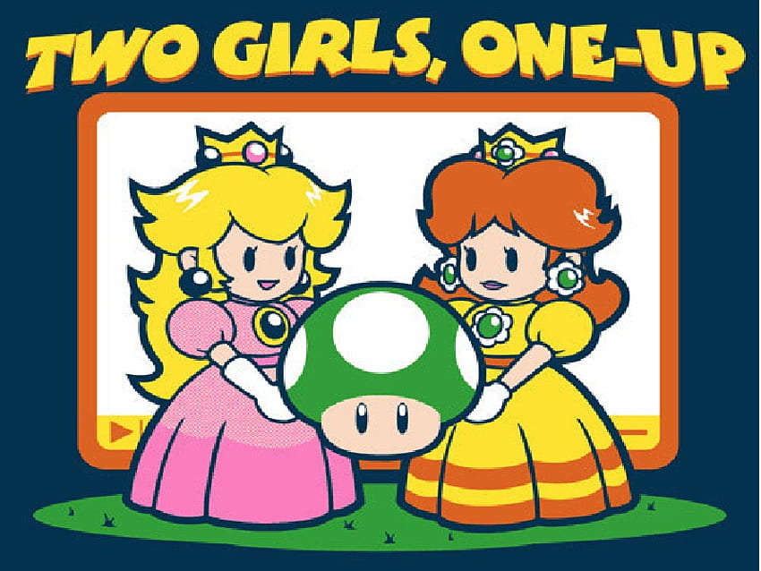 2 Girls, 1 Mushroom, princess daisy, funny, princess peach, mushroom HD wallpaper