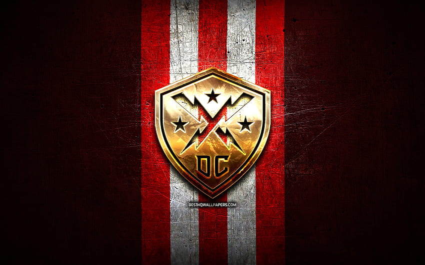 DC Defenders, logo dorato, XLS, rosso in metallo, squadra di football americano, logo DC Defenders, football americano Sfondo HD