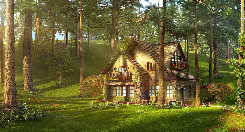 chata, las, łąka. - łąka, promienie słońca, chata, Bajkowy Ogródek Cottage Tapeta HD