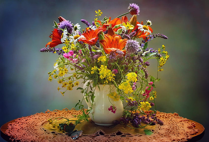 Bouquet of field flowers, colorful, table, bouquet, vase, beautiful, still life, mix, pretty, field, flowers, lovely HD wallpaper