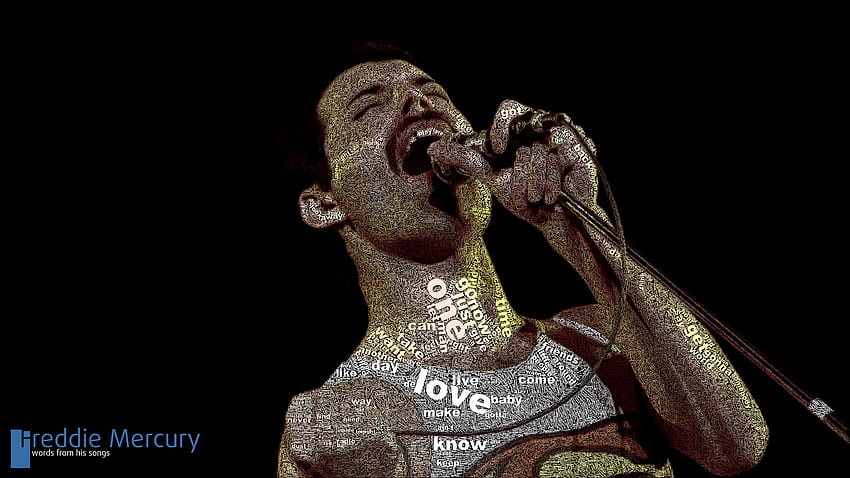 : Freddie Mercury mosaic, group, words, singer, queen, studio shot, Freddie Mercury Queen Band HD wallpaper