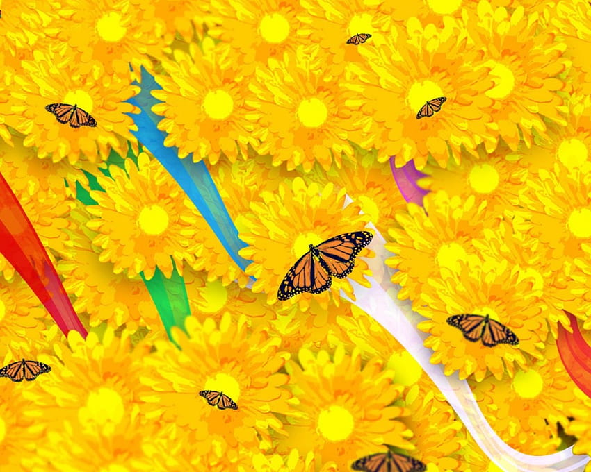 Cielo amarillo, mariposas, flores amarillas. fondo de pantalla