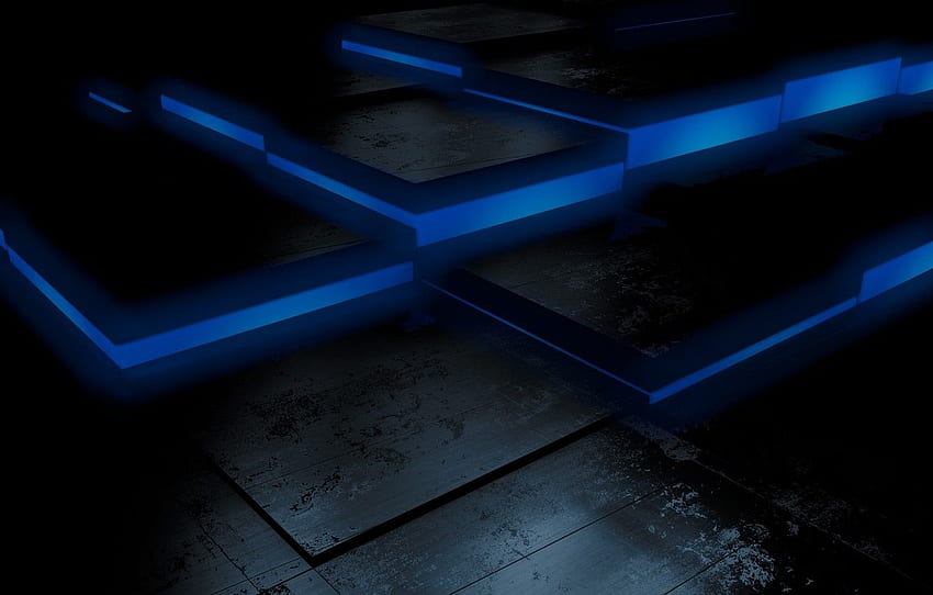black, blue, cubes, floor, dark background, jumps, fluorescent for , section абстракции HD wallpaper